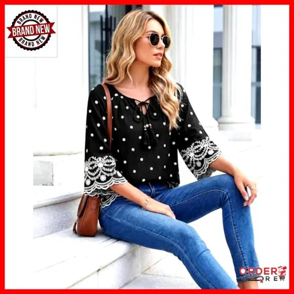 Boho Embroidered 3/4 Sleeve V-Neck Blouse, Loose Fit Tunic Top for Summer - Picture 3 of 7